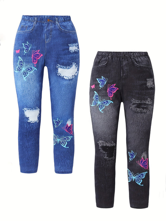 Girl clothing  2pcs, Imitation Denim Butterfly Pattern Pants