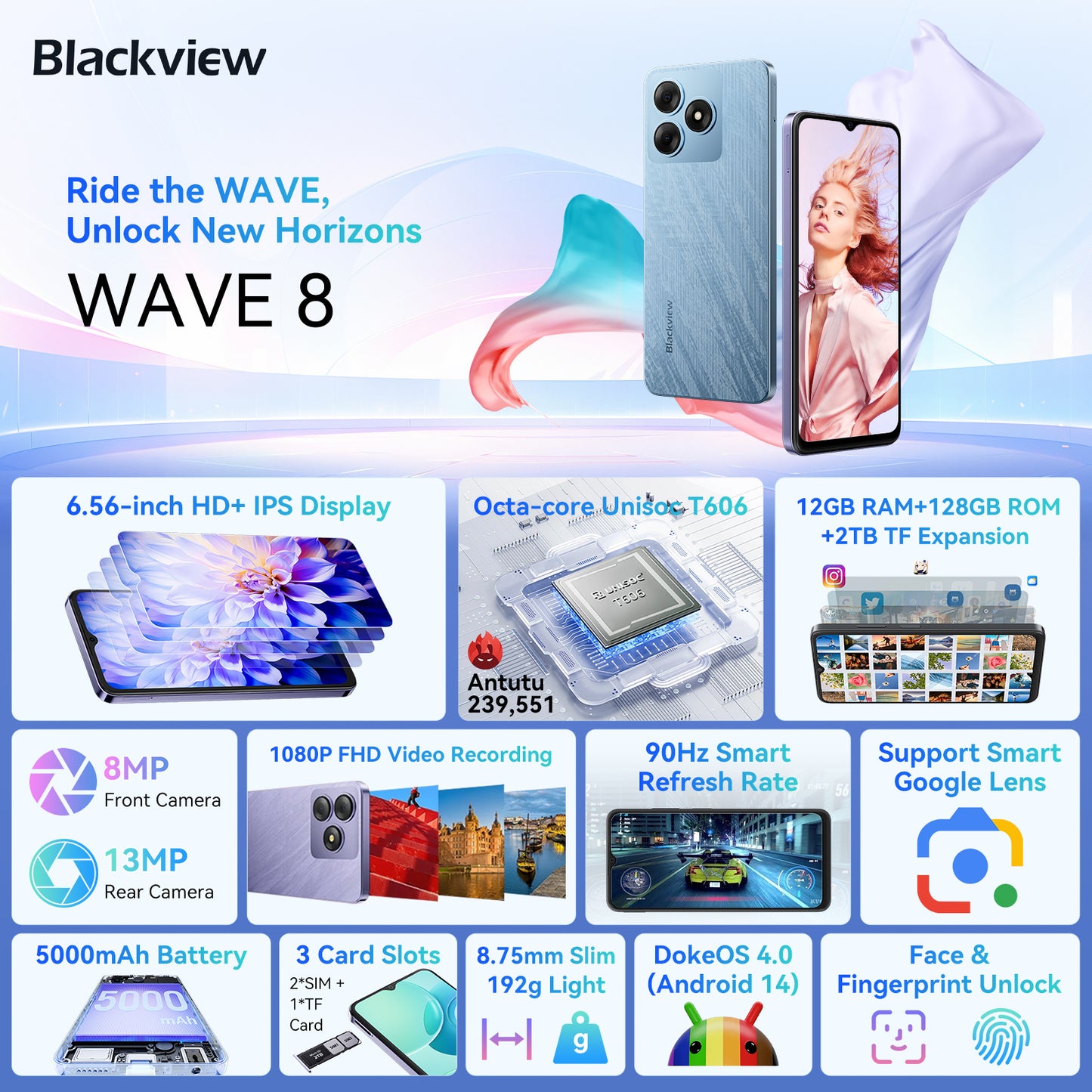 Mobile Blackview WAVE 8 Mobile Phones, Android 14 Phone, Smartphone, 13MP Camera Octa Core, 4G Dual SIM Free Unlocked/Fing