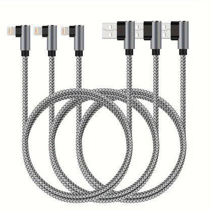 Mobile  3-Pack 6ft Nylon Braided Charging Cables - 90 Degree Round USBMale to Female, Data Sync, USB Powered 0-5W - Compatible with iPhone/iPod/iPad, Grey