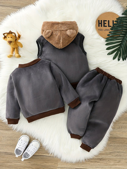 Boy clothing  3pcs Toddler Boy Outfit Set -Bear Appliqué Top, Hooded Zip-Up Jacket, and Matching Pants