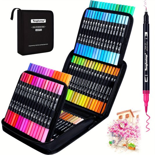 Odds Tong fu shop 100/120 Colours Dual Tip Brush Markers, Brush and Fine liner Colouring Brush Pens Set, Art Pen for Adults Colouring Books