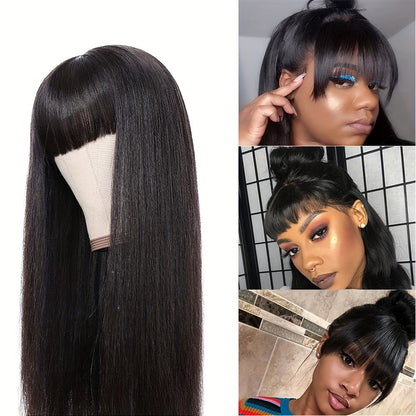 Crown & Glory Wigs   Silky Brazilian Virgin Straight Human Hair Wigs with Bangs 150% Density None Lace Front Wigs Glueless Machine Made Wigs for Women Natural Color