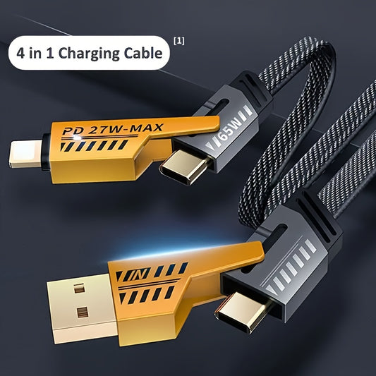 Mobile  4-in-1 Fast Charging Cable, 47.24in/120cm Dual Type-C & USB Lighting Connectors, Fabric Flat Cable, Matte Surface, USB Male to Male