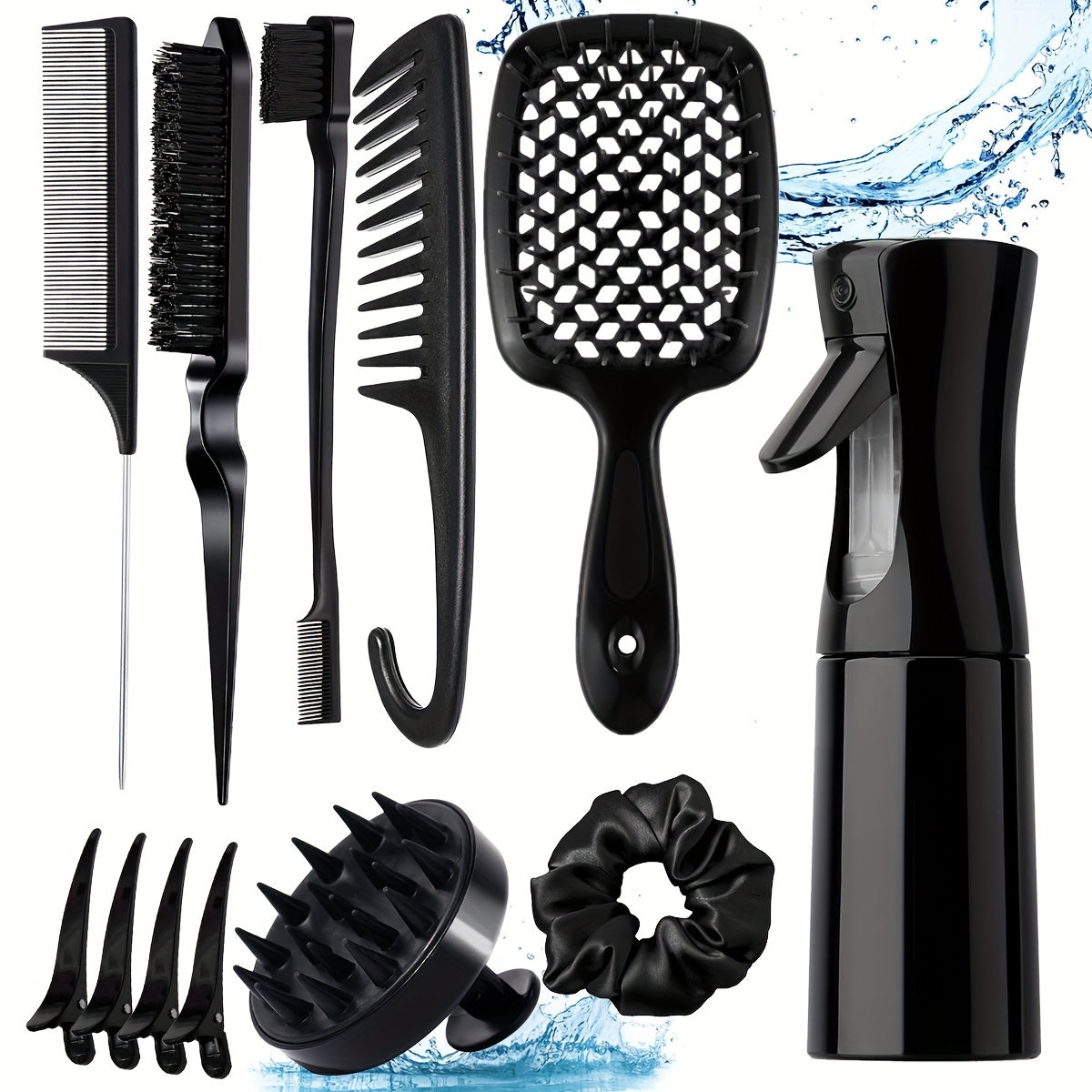 Style & Shine Hair  12pcs Hair Styling Set: Detangling & Teasing Brushes, Rat Tail Comb, Edge Control Brush, Silicone Scalp Massager Shampoo Brush with Spray Bottle - for All Hair Types