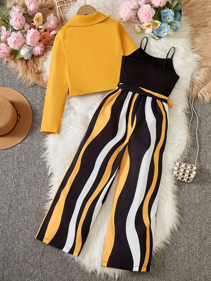 Girl clothing  Long Sleeve Short Blazer + Camisole + Striped Jumpsuit Set Includes Belt