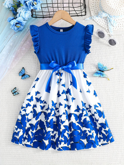 Girl clothing  Girls' Butterfly Print Spliced Solid Color Groove No-sleeve Earlobe Sleeve Hem Dress + Belt Two-piece Set