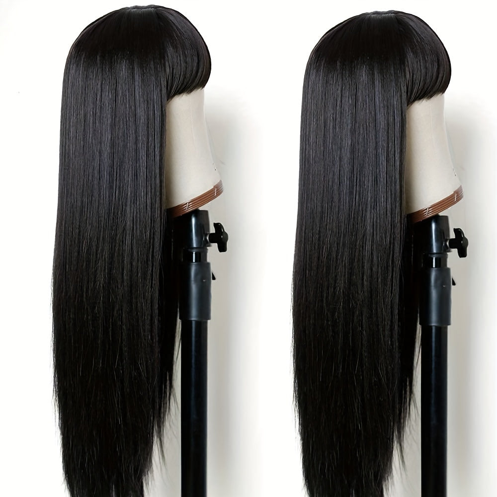 Crown & Glory Wigs   Silky Brazilian Virgin Straight Human Hair Wigs with Bangs 150% Density None Lace Front Wigs Glueless Machine Made Wigs for Women Natural Color