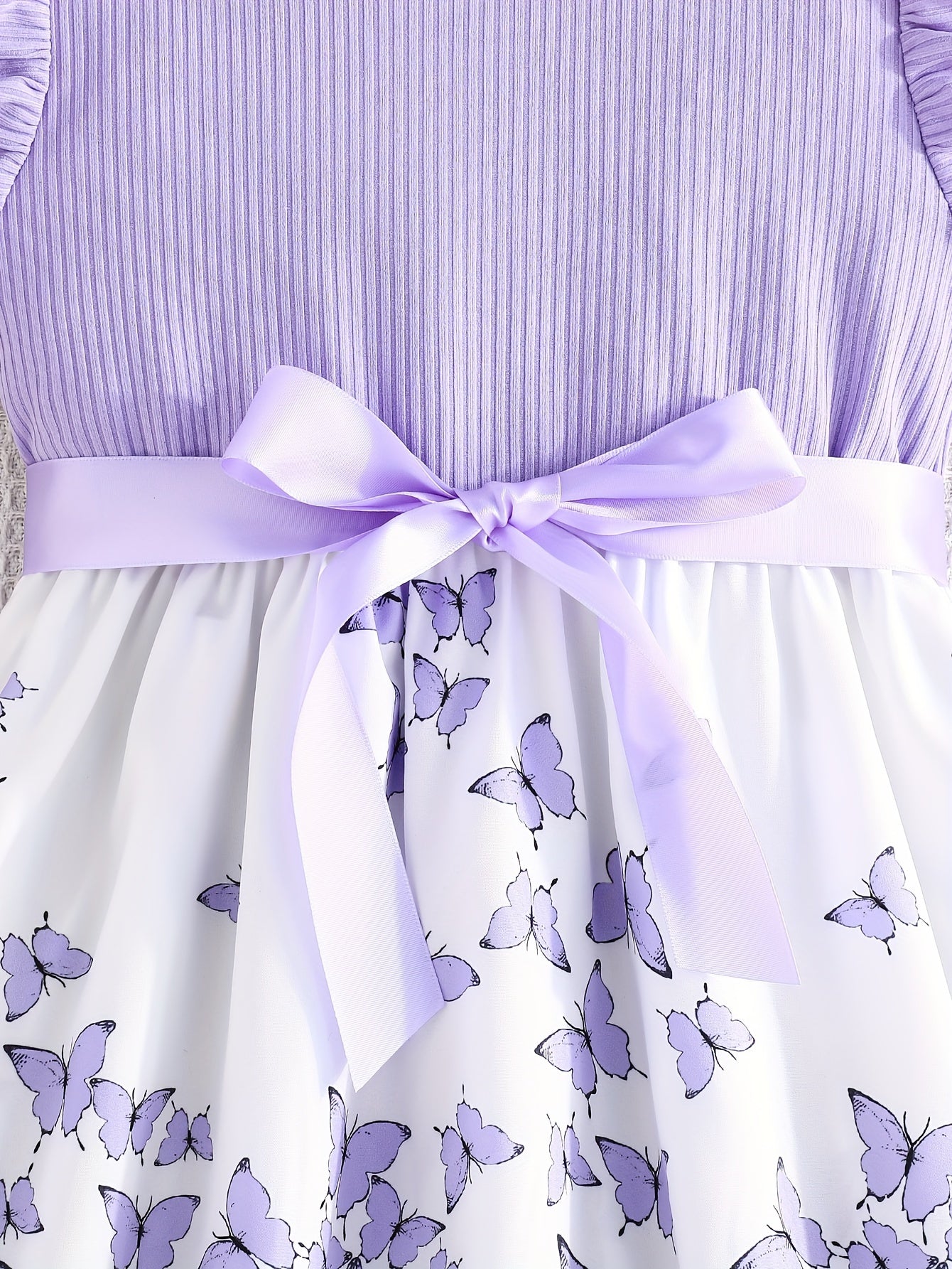 Girl clothing  Girls' Butterfly Print Spliced Solid Color Groove No-sleeve Earlobe Sleeve Hem Dress + Belt Two-piece Set