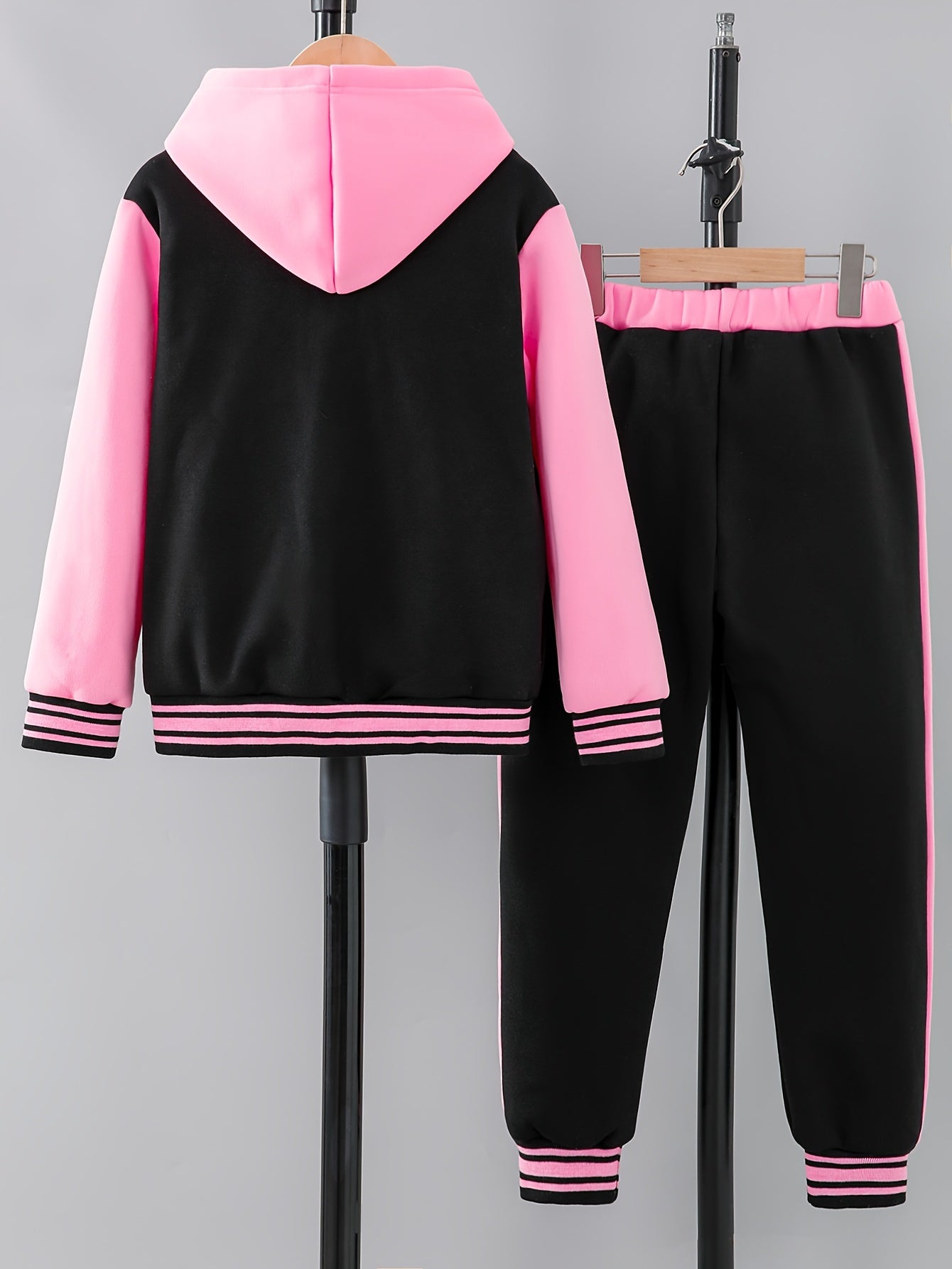 Girl clothing  'NY' Letter Print  Block Hooded Varsity Jacket + Sweatpants Set