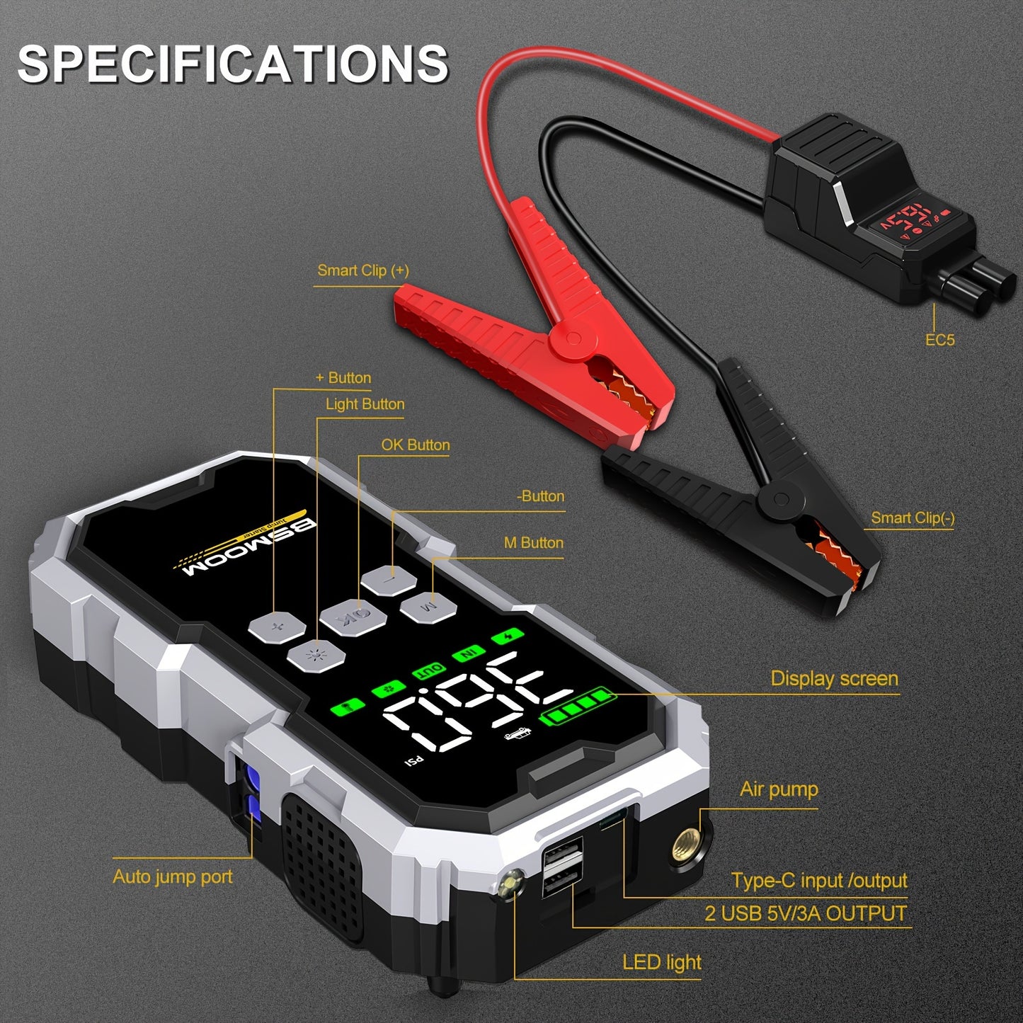 Car   7000A Car Jump Starter With Air Compressor Battery Booster,   12V Car Jump Starter Power Bank With LED Flashlight, Large Screen Smart Cable With Voltage Display, With Storage Box.