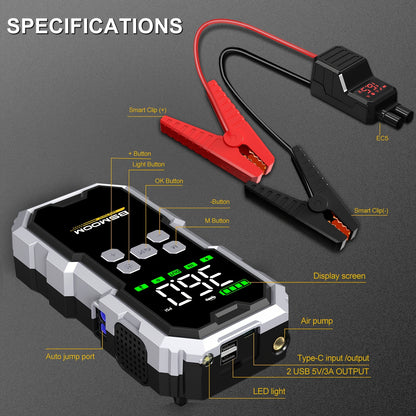 Car   7000A Car Jump Starter With Air Compressor Battery Booster,   12V Car Jump Starter Power Bank With LED Flashlight, Large Screen Smart Cable With Voltage Display, With Storage Box.