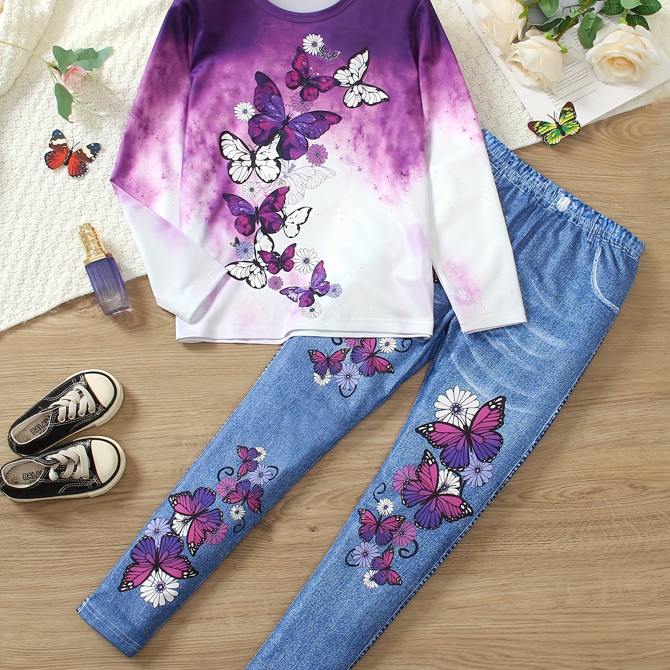 Girl clothing  Girls' Butterfly & Floral Print Outfit Set - Long Sleeve Crew Neck Top with Imitation Denim-Printed Leggings