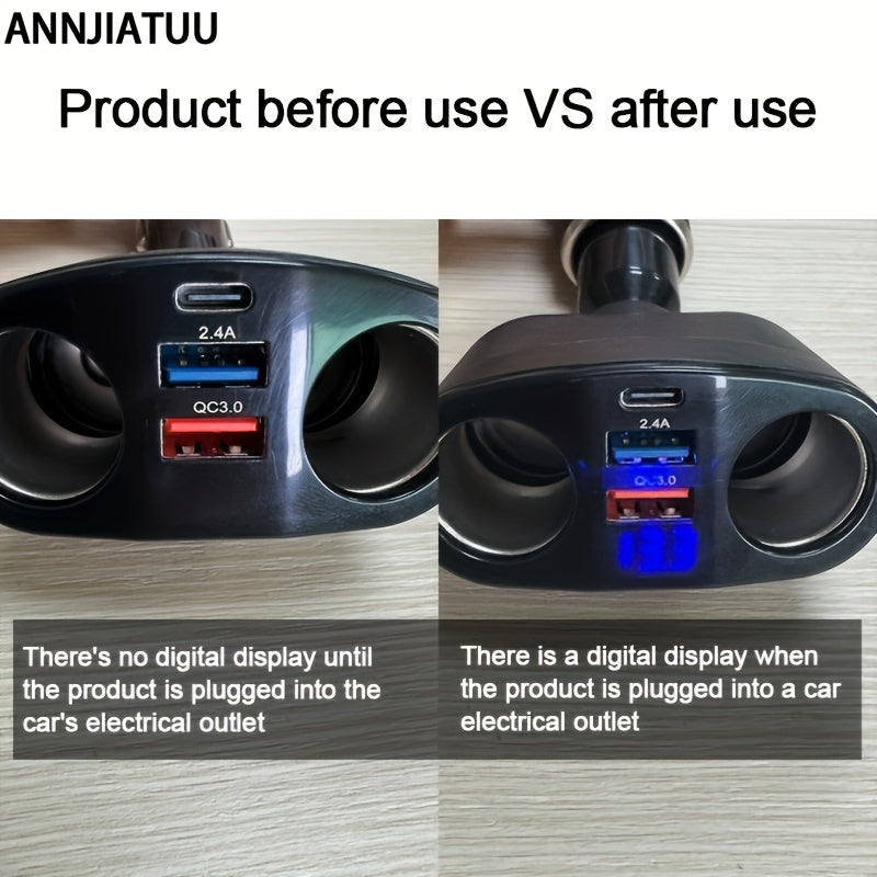 Car ANNJIATUU Dual USB & Type-C Car Charger with Digital Display, , Multifunctional Expansion, Universal Compatibility, Female to Male Connector, Car Plug Power Mode, ≤36V Operating