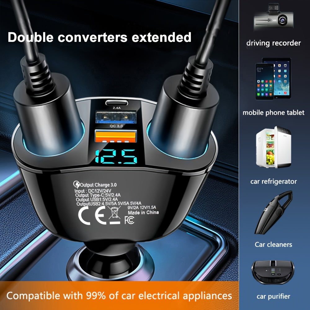 Car ANNJIATUU Dual USB & Type-C Car Charger with Digital Display, , Multifunctional Expansion, Universal Compatibility, Female to Male Connector, Car Plug Power Mode, ≤36V Operating