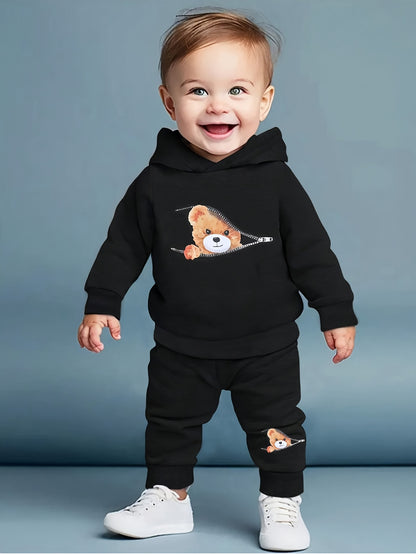 Boy  clothing  Boys And Babies  Zipper Bear Print Long-Sleeved Sweatshirt + Print Trousers Two-Piece Set