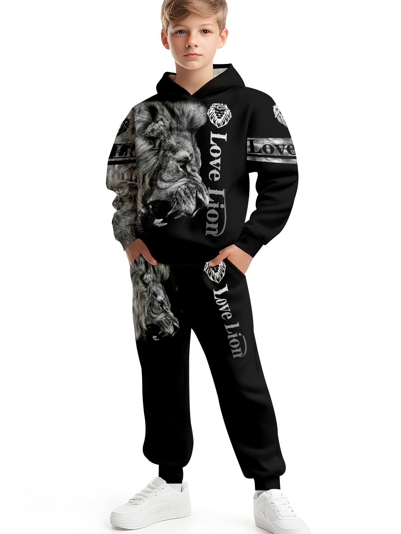 Boy clothing  3D Lion Print Hoodie & Joggers Set