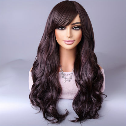 Crown & Glory Wigs  Long Reddish Brown Curly Wig With Bangs For Women Curly Wavy Wigs Synthetic Heat Resistant Fiber For Daily Party Cosplay Use