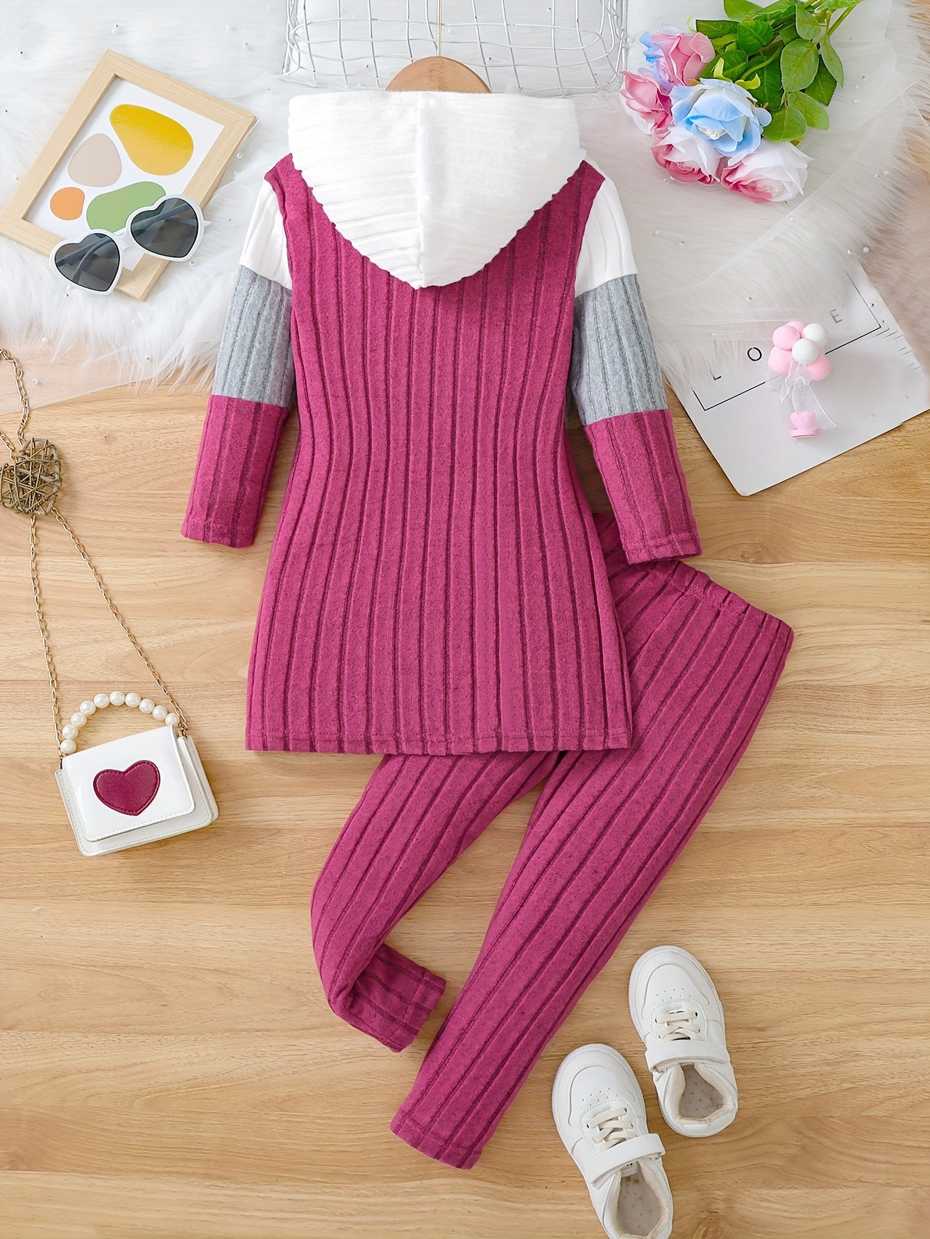 Girl clothing  2pcs Set, Spring/Fall Knitted Casual Outfit, Color Block Long Sleeve Hooded Pullover and Long Pants