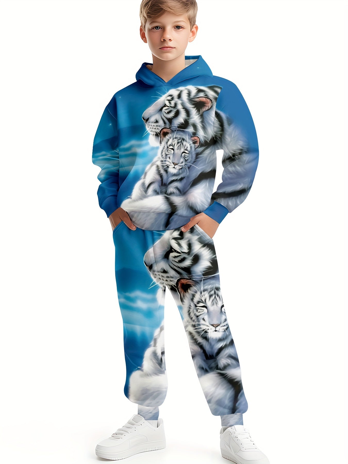 Boy clothing  Casual Hooded Sweat suit with 3D White Tiger Print