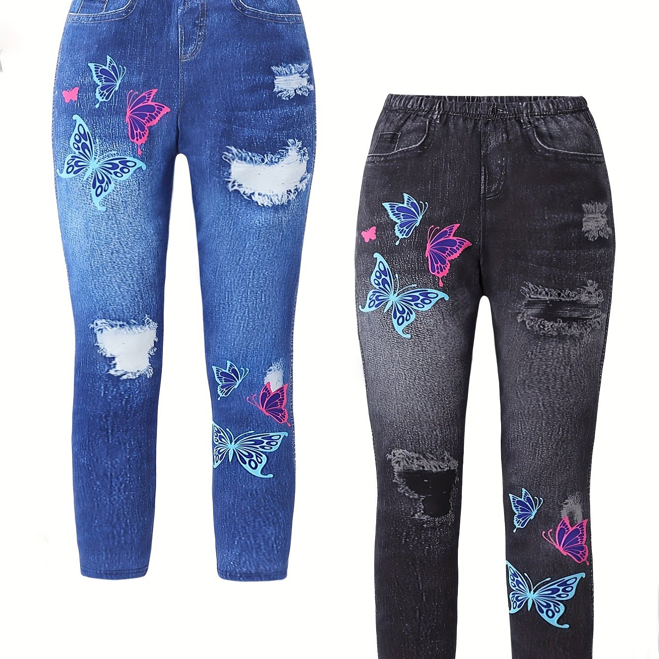 Girl clothing  2pcs, Imitation Denim Butterfly Pattern Pants