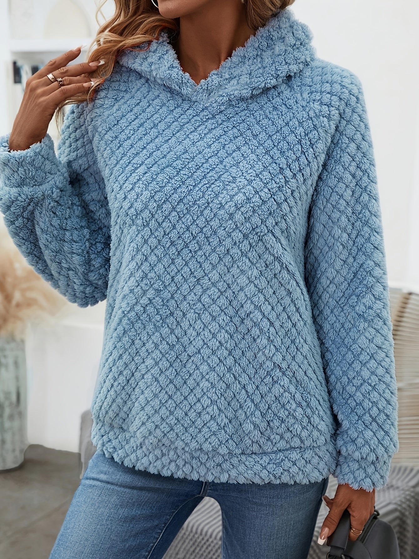 Woman clothing   Cosy & Chic Light Blue Fleece-Lined Hoodie for Women - Casual Long Sleeve, Soft & Comfortable, Machine Washable, Perfect for Fall/Winter