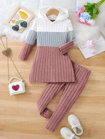 Girl clothing  2pcs Set, Spring/Fall Knitted Casual Outfit, Color Block Long Sleeve Hooded Pullover and Long Pants