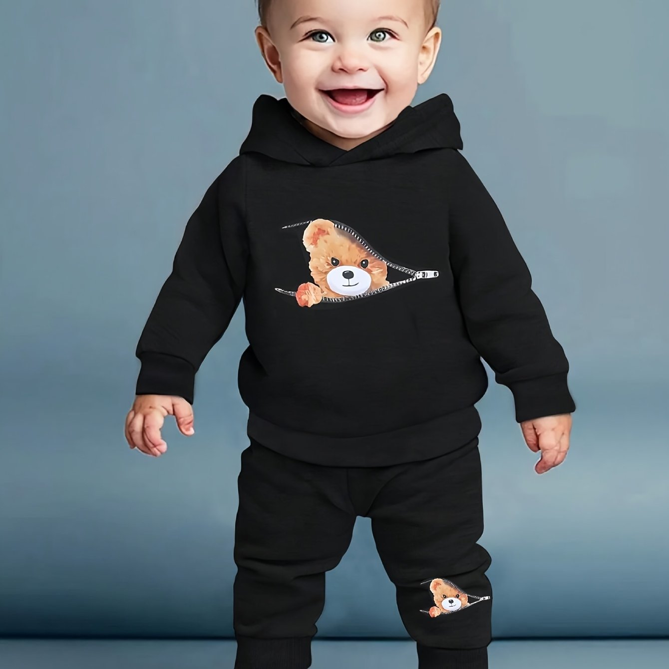 Boy  clothing  Boys And Babies  Zipper Bear Print Long-Sleeved Sweatshirt + Print Trousers Two-Piece Set