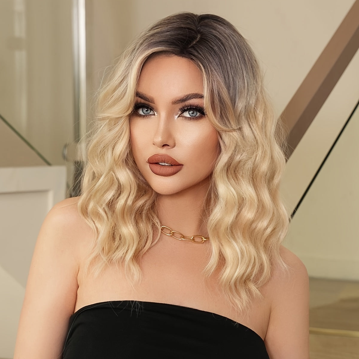 Crown & Glory Wigs   7JHH WIGS Chic Ombre Blonde Shoulder-Length Wig for Women - Deep Wave, High Density 150% Synthetic Hair with Dark Roots to Light Tips, Beginner-Friendly, Heat Resistant, 18-Inch, Perfect for Vacation Style, Short Hair Wig