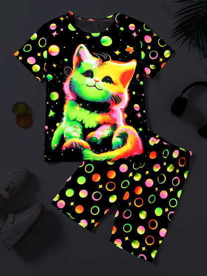 Girl clothing  2 Pcs Girl's Glow-in-the-dark Effect Cat Pattern Short T-Shirts & Shorts Pajama Set