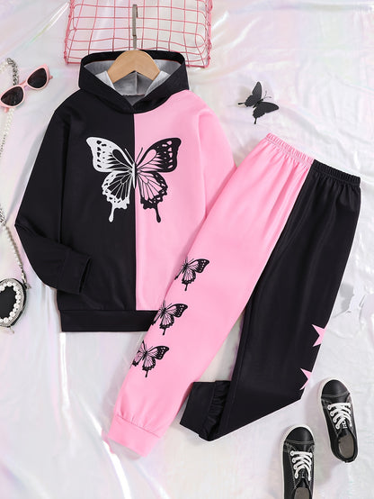 Girl clothing  Girls' Trendy Butterfly Print Hoodie & Star-Patterned Pants Set