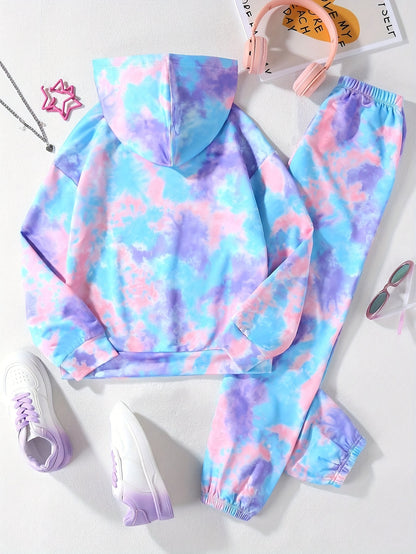 Girl clothing  2pcs Girls Tie-dye Pattern Hoodies + Jogger Pants Set