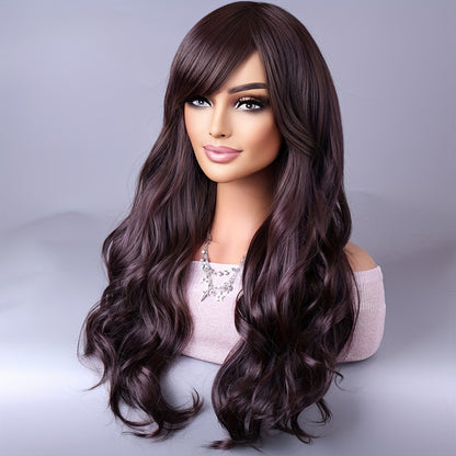 Crown & Glory Wigs  Long Reddish Brown Curly Wig With Bangs For Women Curly Wavy Wigs Synthetic Heat Resistant Fiber For Daily Party Cosplay Use