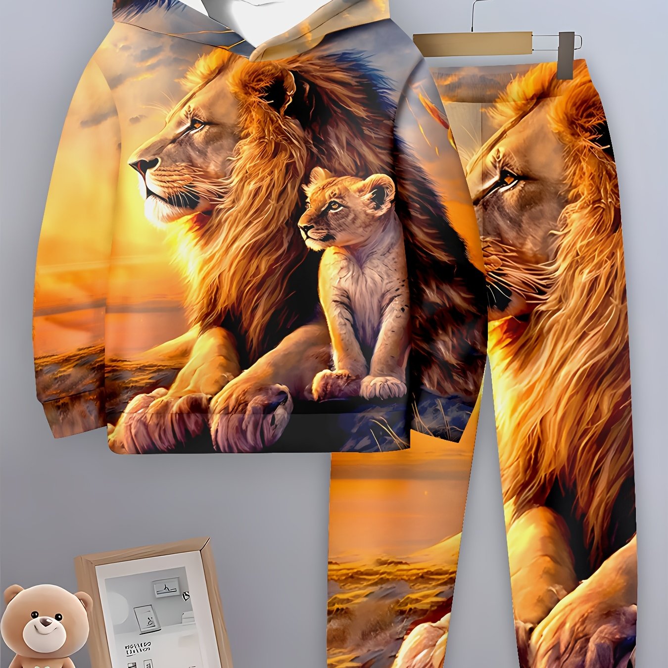 Boy  clothing  1set Boys' 3D Lion Print Hoodie and Sweatpants Set