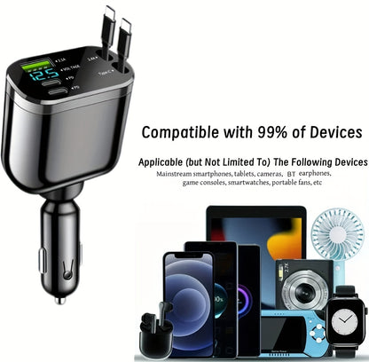 Car  5 in 1 Fast Car Charger, Suitable for Normal Family Car Models, with 2 Retractable Phone Charger Cables And 2 PD Ports