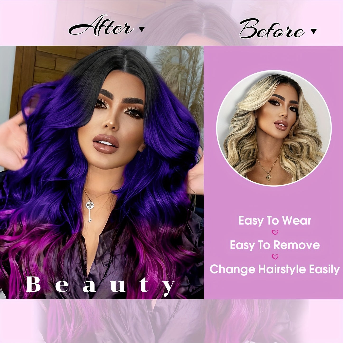 Crown & Glory Wigs  Elegant Ombre Purple Wig for Women - Long, Heat-Resistant Synthetic Hair with Dark Roots, Natural Look Body Wave Style (Black to Blue to Purple), 3 Tone, Colored Wigs, 1B, Elegant Style