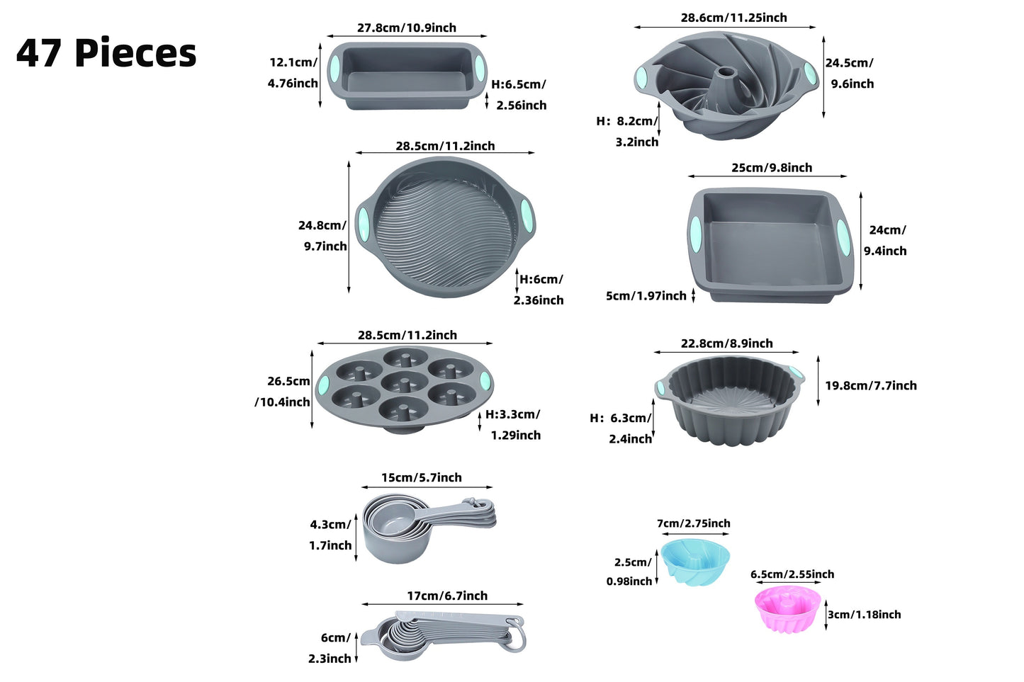 Kitchen   45pcs Silicone Baking Set, Non stick Bakeware Set Baking Cookie Sheets Cake Muffin Bread Pan, Loaf Pan, Cake Pan, Pizza Pan, Mini Cupcake mold, Bundt pan, Charlotte Cake Pan, Measuring Cup and Spoon