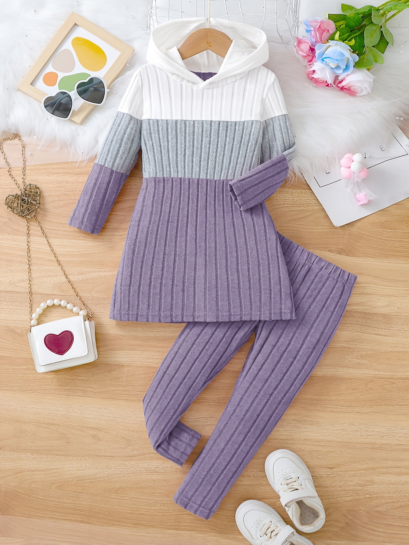 Girl clothing  2pcs Set, Spring/Fall Knitted Casual Outfit, Color Block Long Sleeve Hooded Pullover and Long Pants