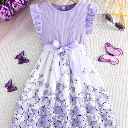 Girl clothing  Girls' Butterfly Print Spliced Solid Color Groove No-sleeve Earlobe Sleeve Hem Dress + Belt Two-piece Set