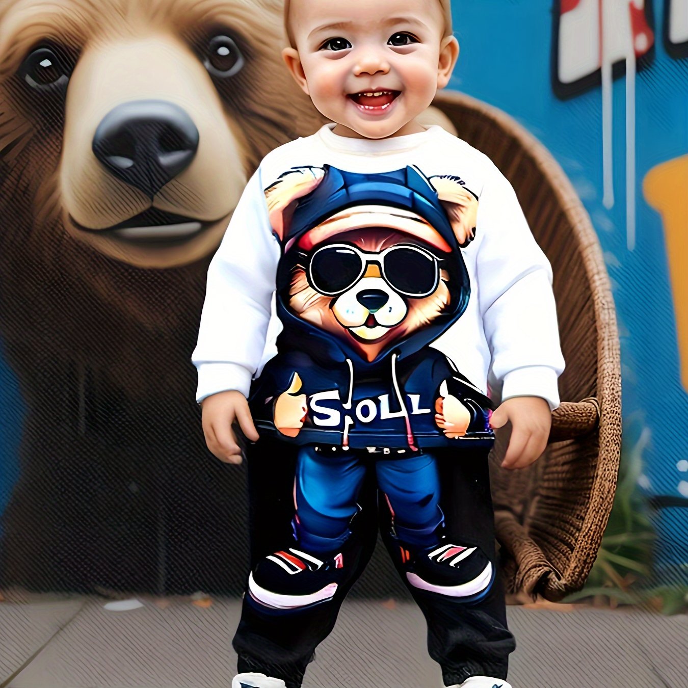 Boy  clothing Cool Hooded Bear Print Newborn Boy's Trendy Long Sleeves Round Neck Sweatshirt + Pants