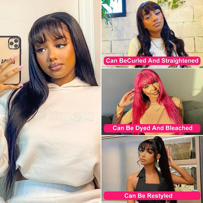 Crown & Glory Wigs   Silky Brazilian Virgin Straight Human Hair Wigs with Bangs 150% Density None Lace Front Wigs Glueless Machine Made Wigs for Women Natural Color