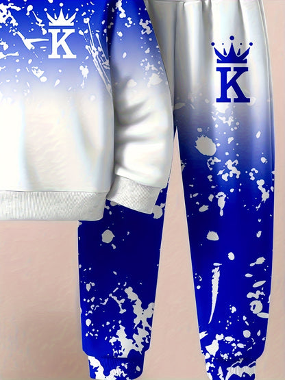 Boy  clothing   2pcs Set, Casual Crown Letter Printed Hoodie and Pants Outfit