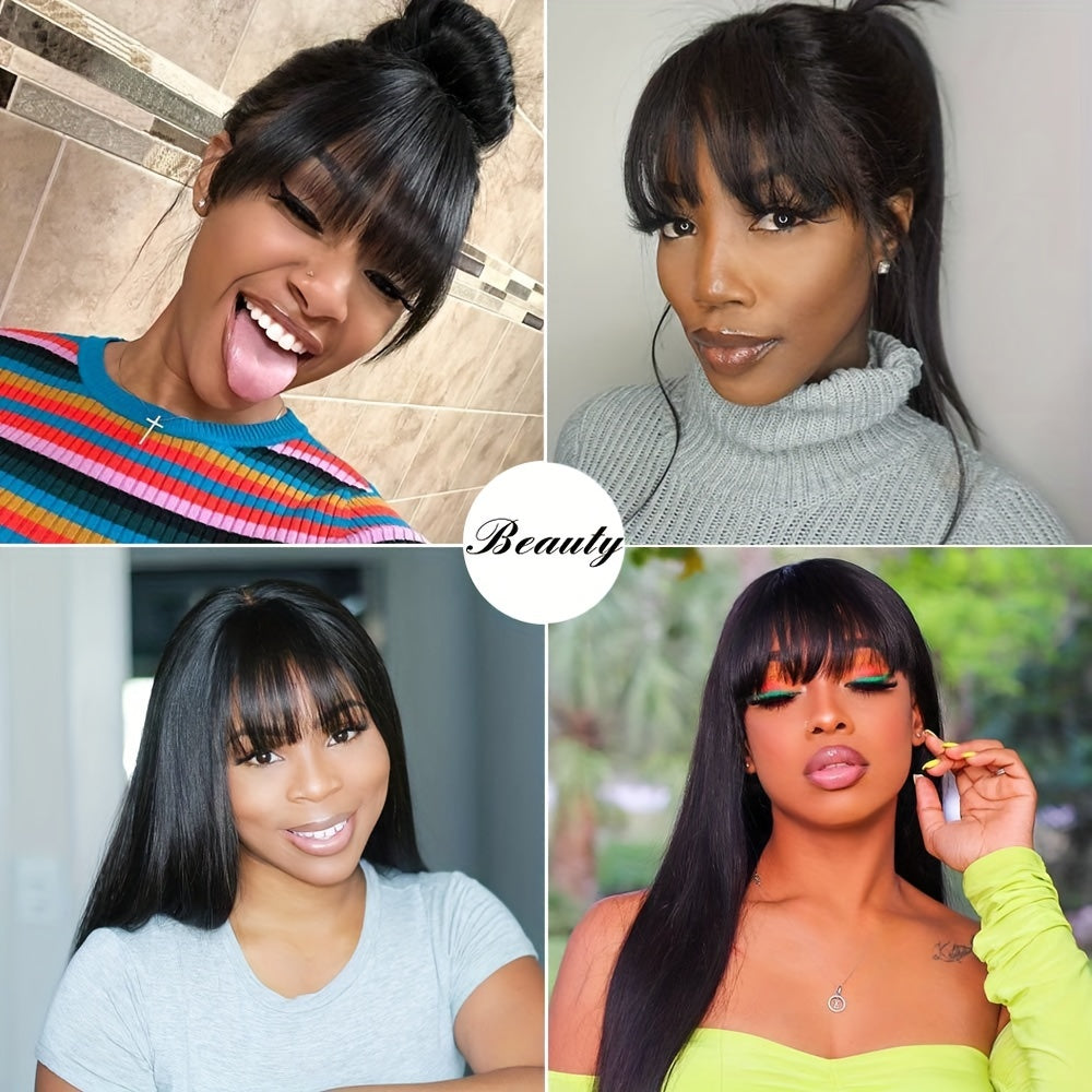 Crown & Glory Wigs   Silky Brazilian Virgin Straight Human Hair Wigs with Bangs 150% Density None Lace Front Wigs Glueless Machine Made Wigs for Women Natural Color