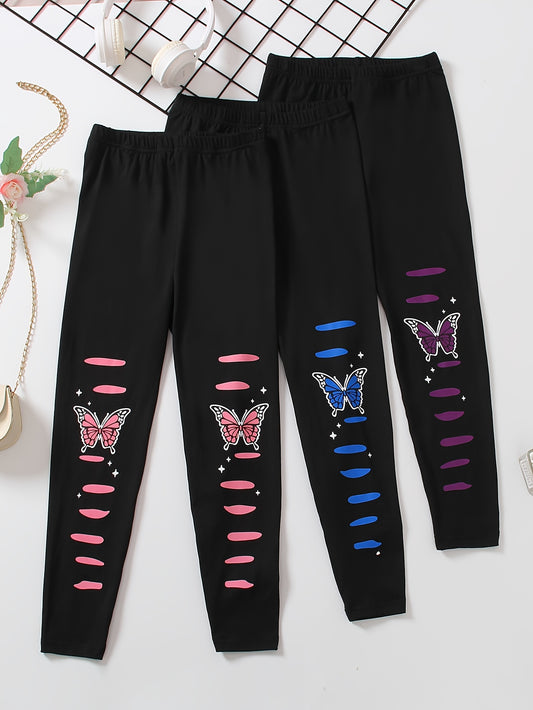 Girl clothing  3pcs Girls Vibrant Butterfly Print Slim Leggings Pants