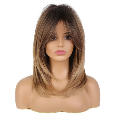 Crown & Glory Wigs Middle Long Straight Hair Brown to Blonde Wig Dark Roots Synthetic Wigs Heat Resistance Hair with Side Bangs Wigs for Women