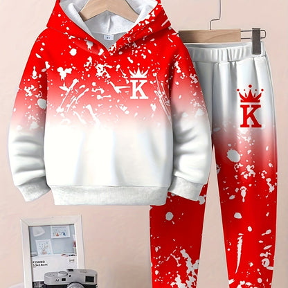 Boy  clothing   2pcs Set, Casual Crown Letter Printed Hoodie and Pants Outfit