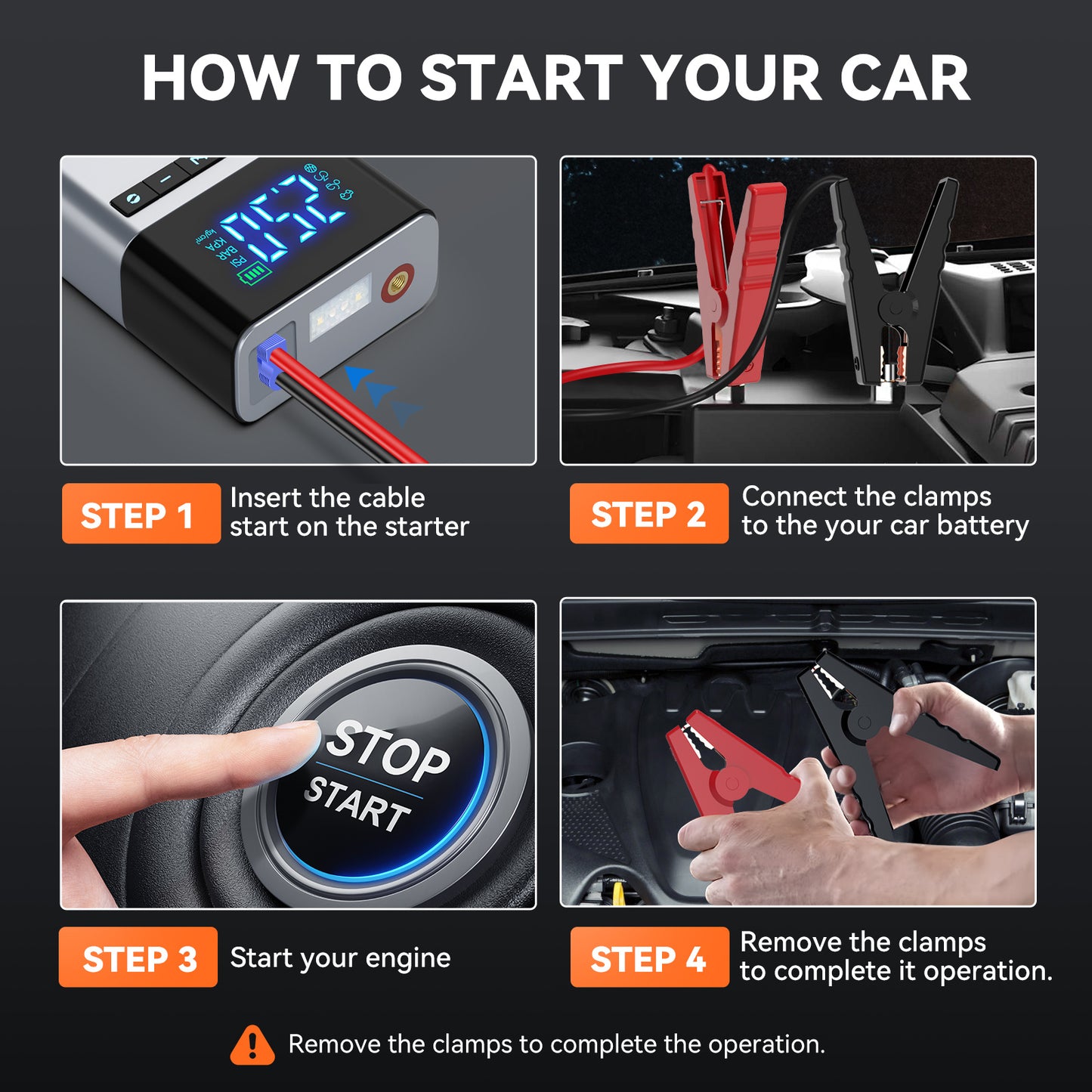 Car 7500A Portable Car Jump Starter With Air Compressor - 150PSI, USB Rechargeable Battery, 400 Lumen Flashlight, Digital Tire Inflator For Gas/Diesel Up To 10L