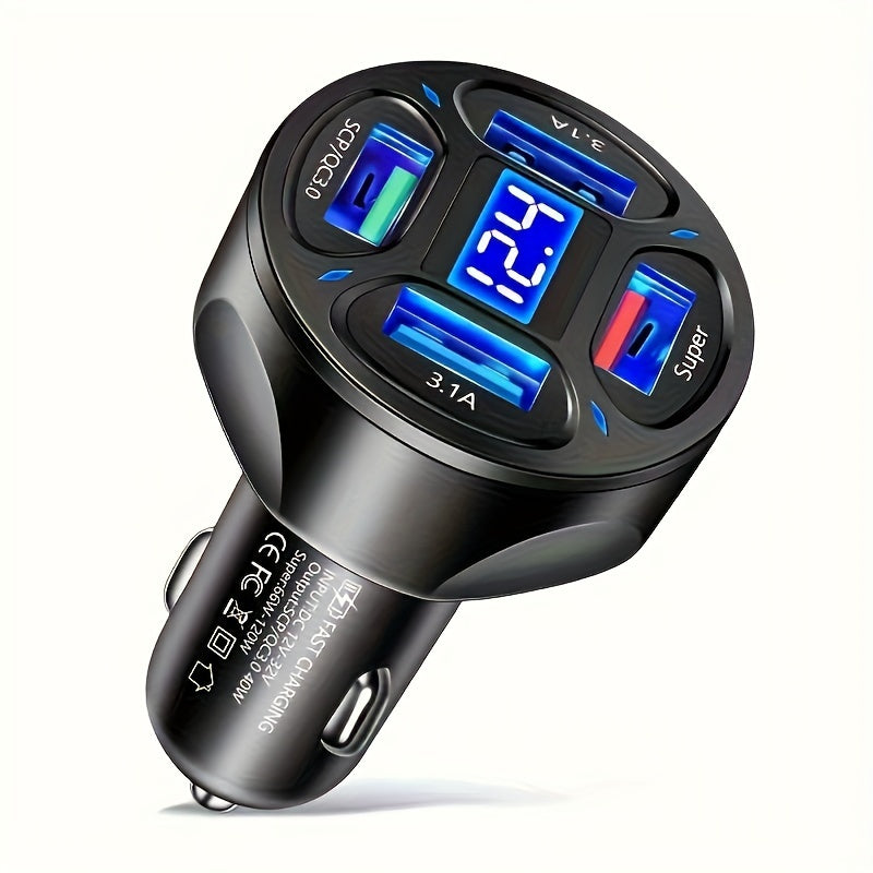 Car   120W Car Charger with 4 USB Ports, Digital Display and Fast Charging Technology - Perfect for Charging Multiple Devices at the Same Time!