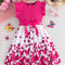 Girl clothing  Girls' Butterfly Print Spliced Solid Color Groove No-sleeve Earlobe Sleeve Hem Dress + Belt Two-piece Set