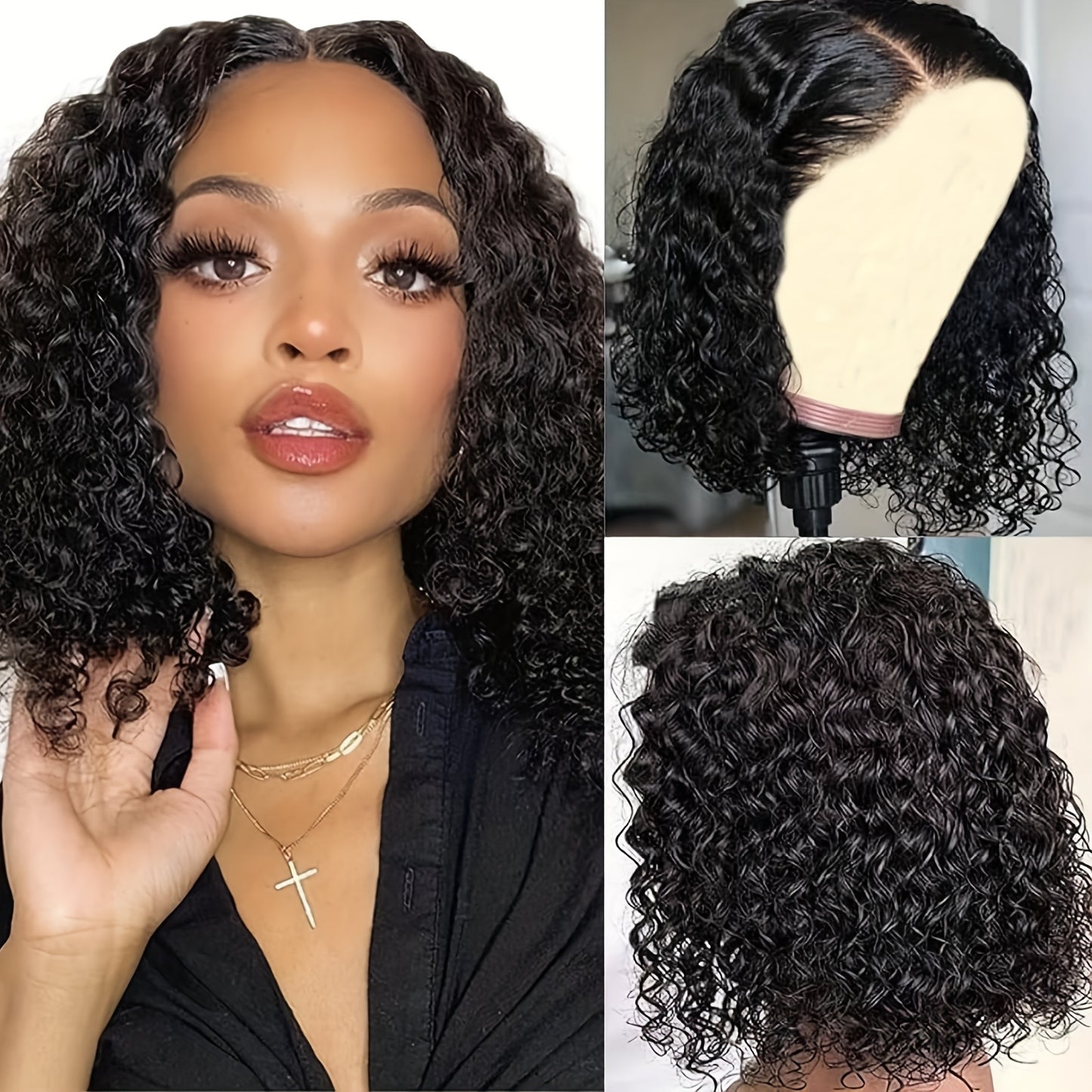 Crown & Glory Wigs Adjustable 14" Deep Curly Bob Wig for Women - Glue less Lace Front, Pre-Plucked & Pre-Cut, Soft Rose Net, High-Density 150% Brazilian Hair, Voluminous Curls, Comfort Fit Cap, Short Hair Wigs