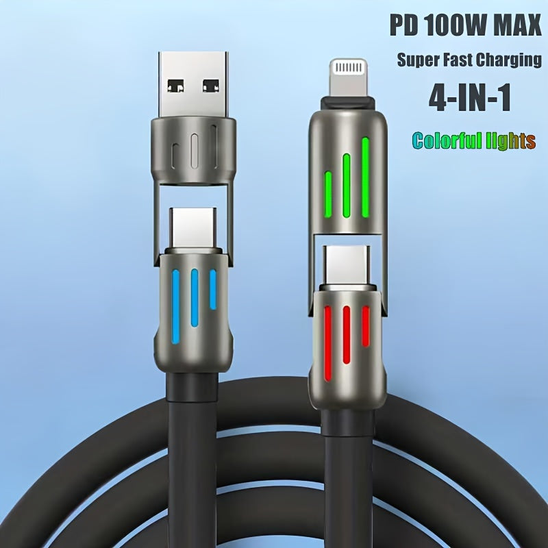 Mobile  Ultra-Fast 100W 4-in-1 USB-C Cable - PD Super Charging, Data Sync, Silicone Material, Multi-Port Charging